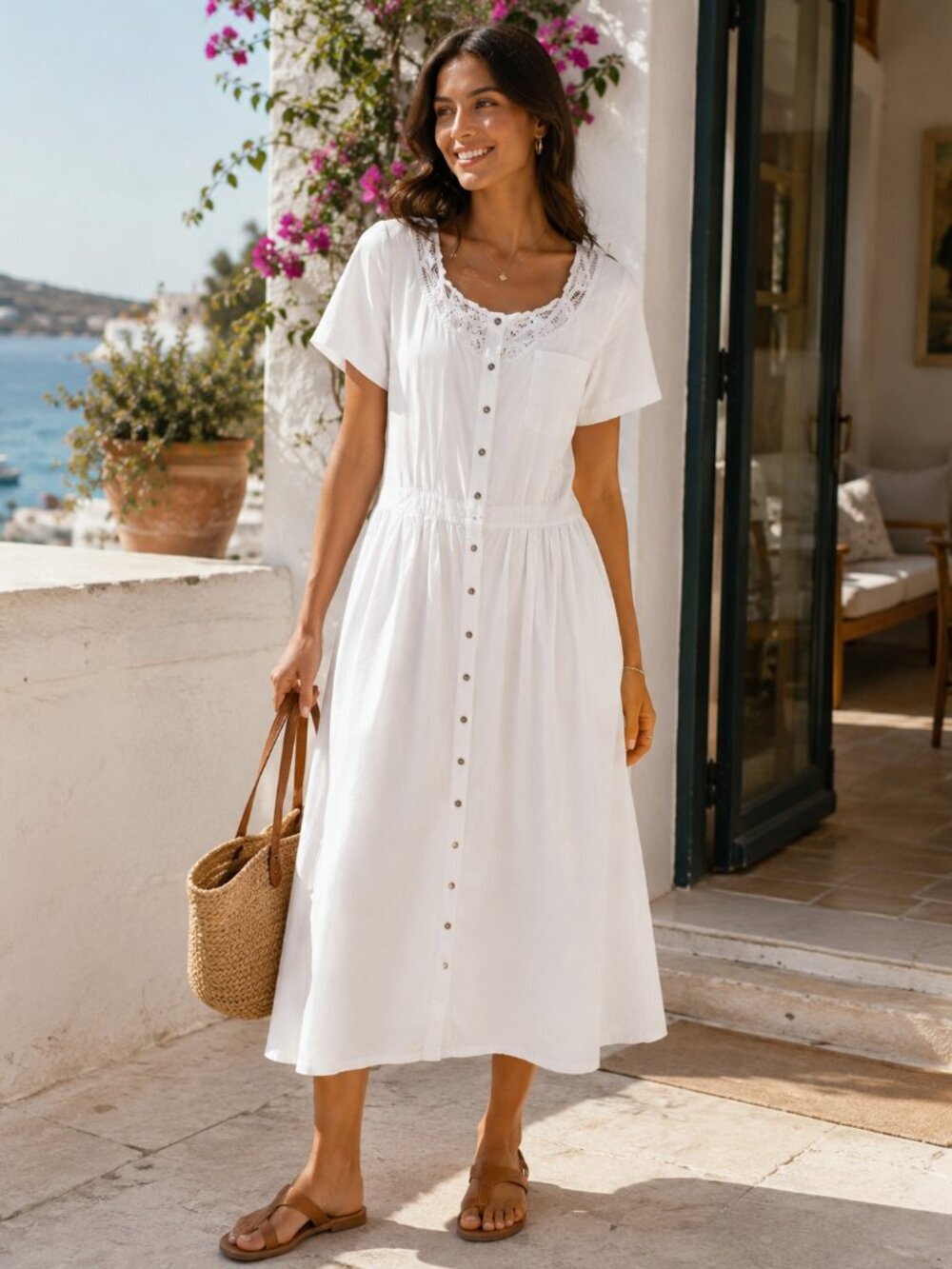 Together Women’s White Cotton Lace Button Front Belted Maxi Dress Size 16 Tall